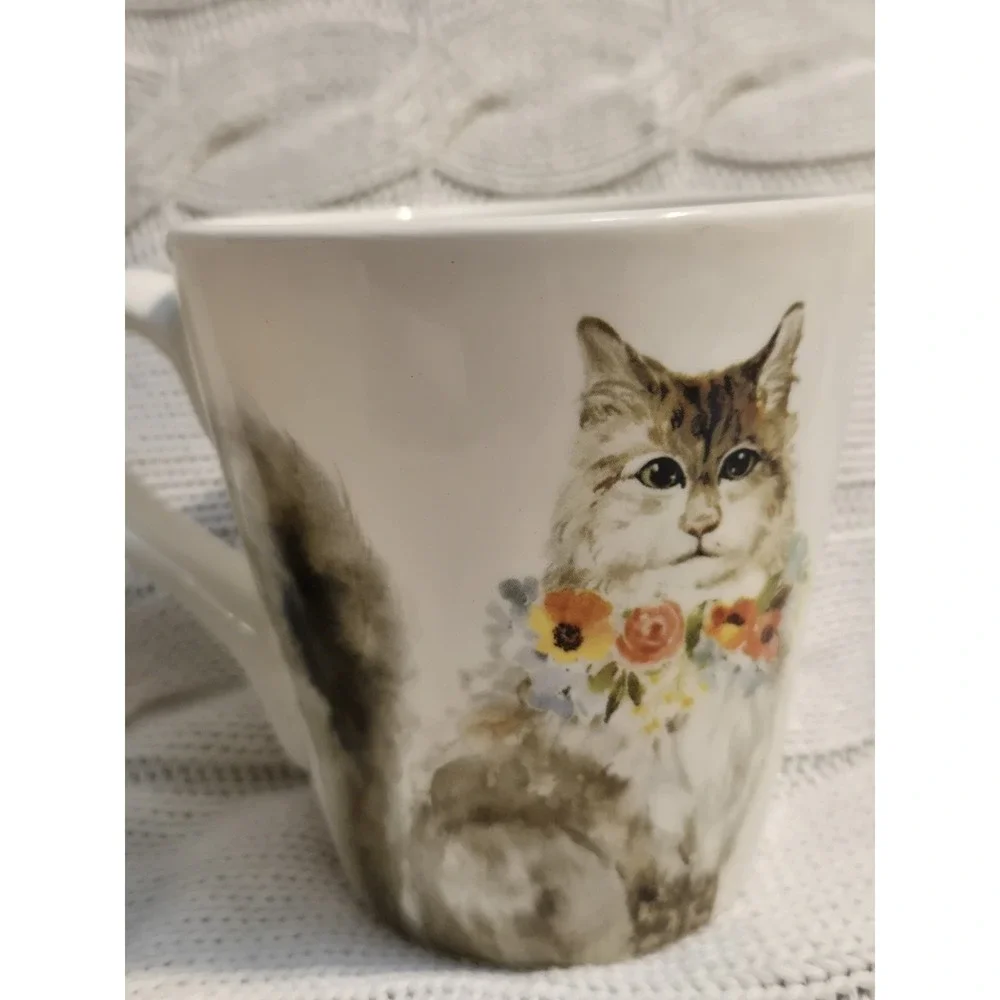 Pier 1 Cat Coffee Mugs Set of 2 Floral Long Hair Kitten Ceramic Cups Cute EUC